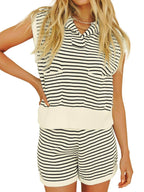 Striped Cap Sleeve Top and Shorts Sweater Set - Delanoir