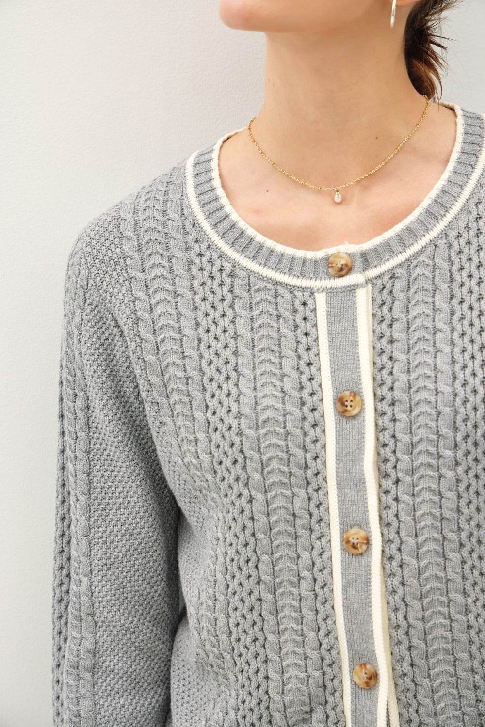 Be Cool Cable Knit Long Sleeve Contrast Edge Cardigan - Delanoir