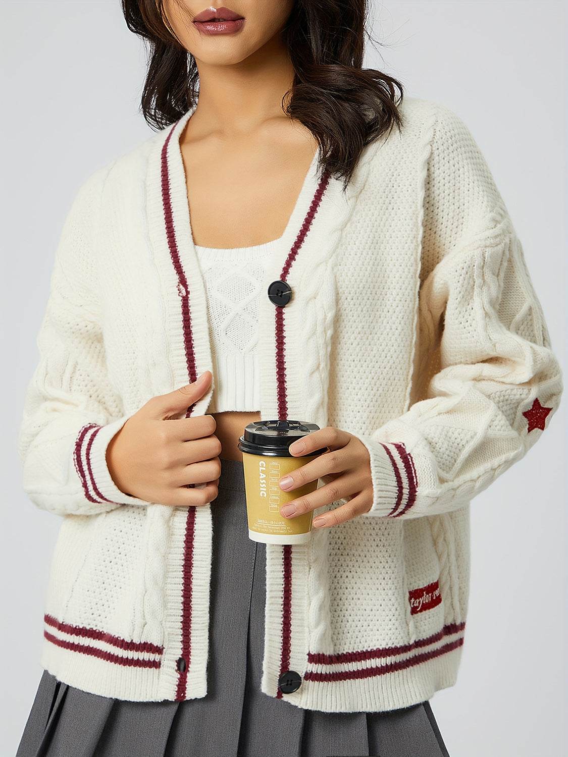 Star Embroidered V-Neck Long Sleeve Cardigan - Delanoir