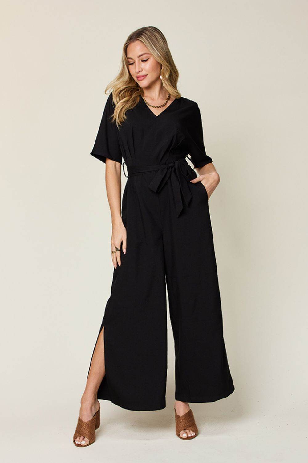 Double Take Full Size V-Neck Tied Side Slit Jumpsuit - Delanoir