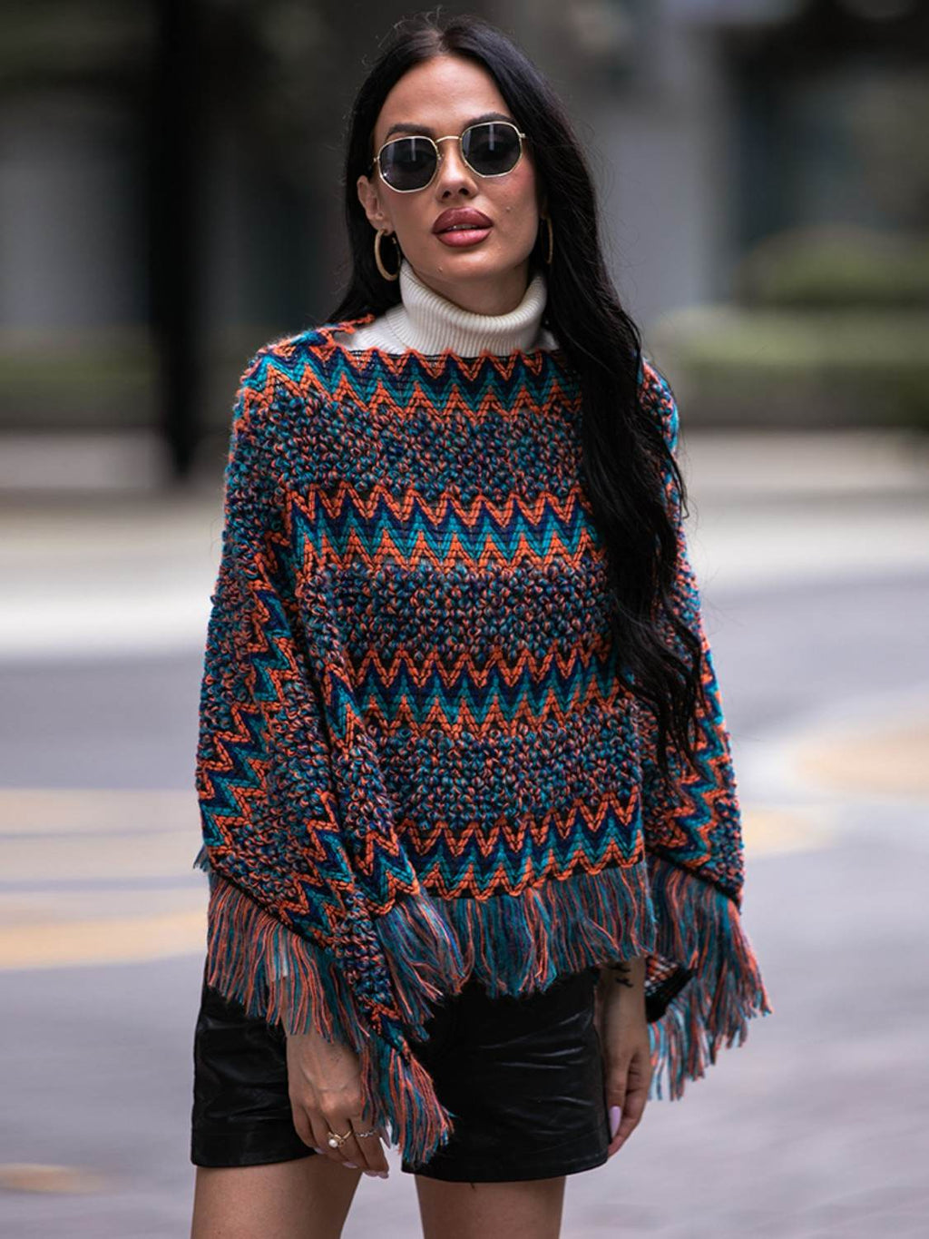Shiny Fringe Hem Boat Neck Poncho - Delanoir