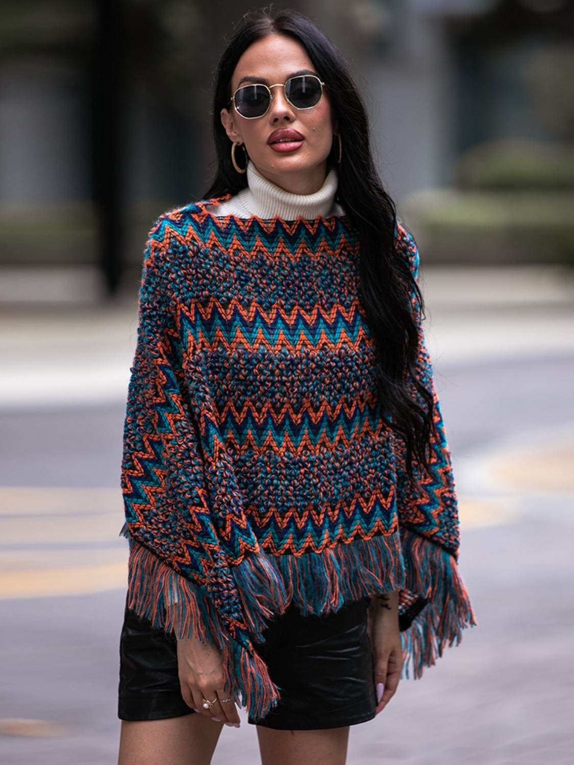 Shiny Fringe Hem Boat Neck Poncho - Delanoir
