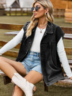 Button Up Collared Neck Sleeveless Denim Jacket - Delanoir