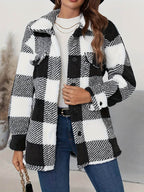 Plaid Button Up Long Sleeve Fuzzy Outerwear - Delanoir
