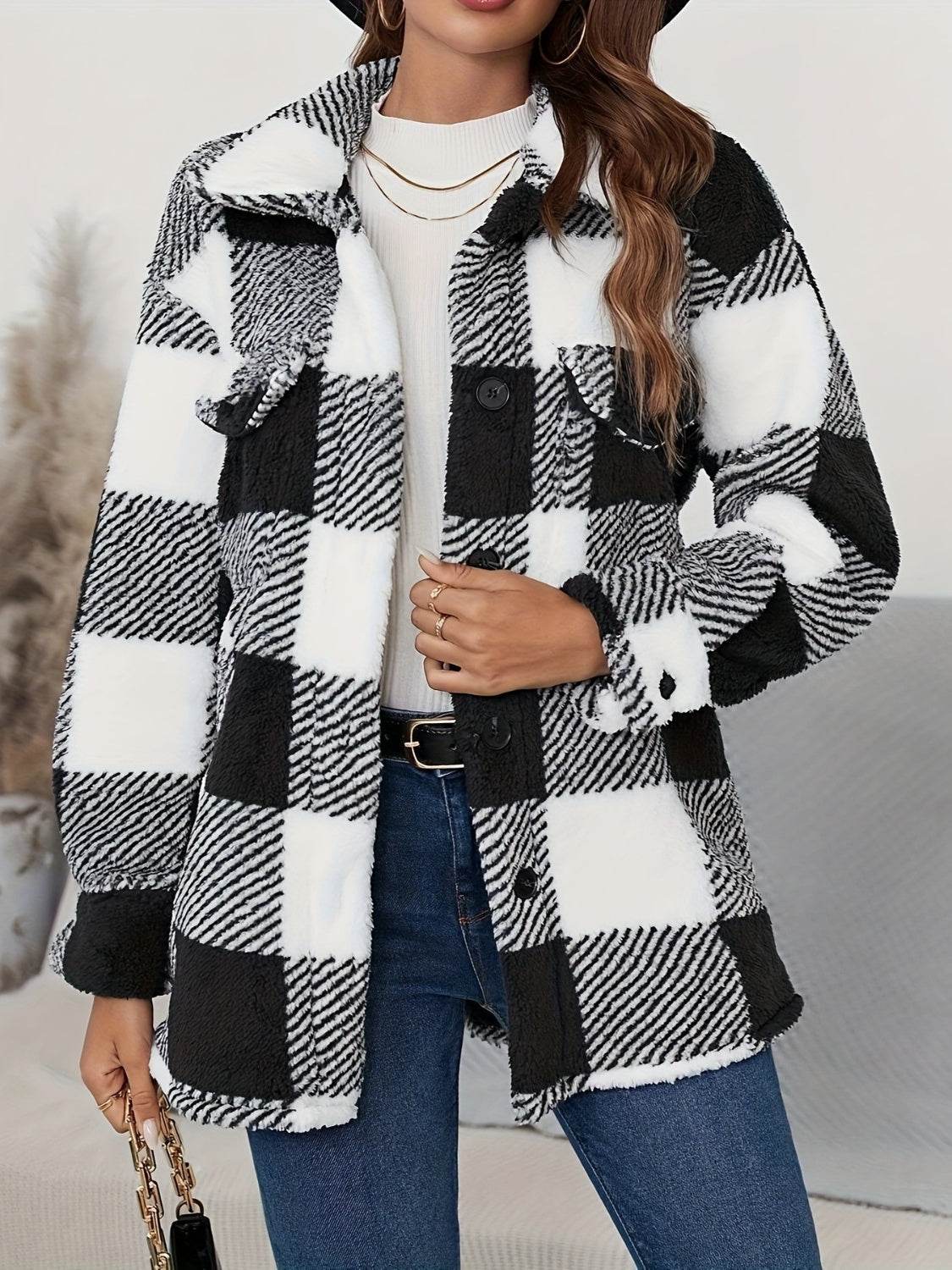 Plaid Button Up Long Sleeve Fuzzy Outerwear - Delanoir