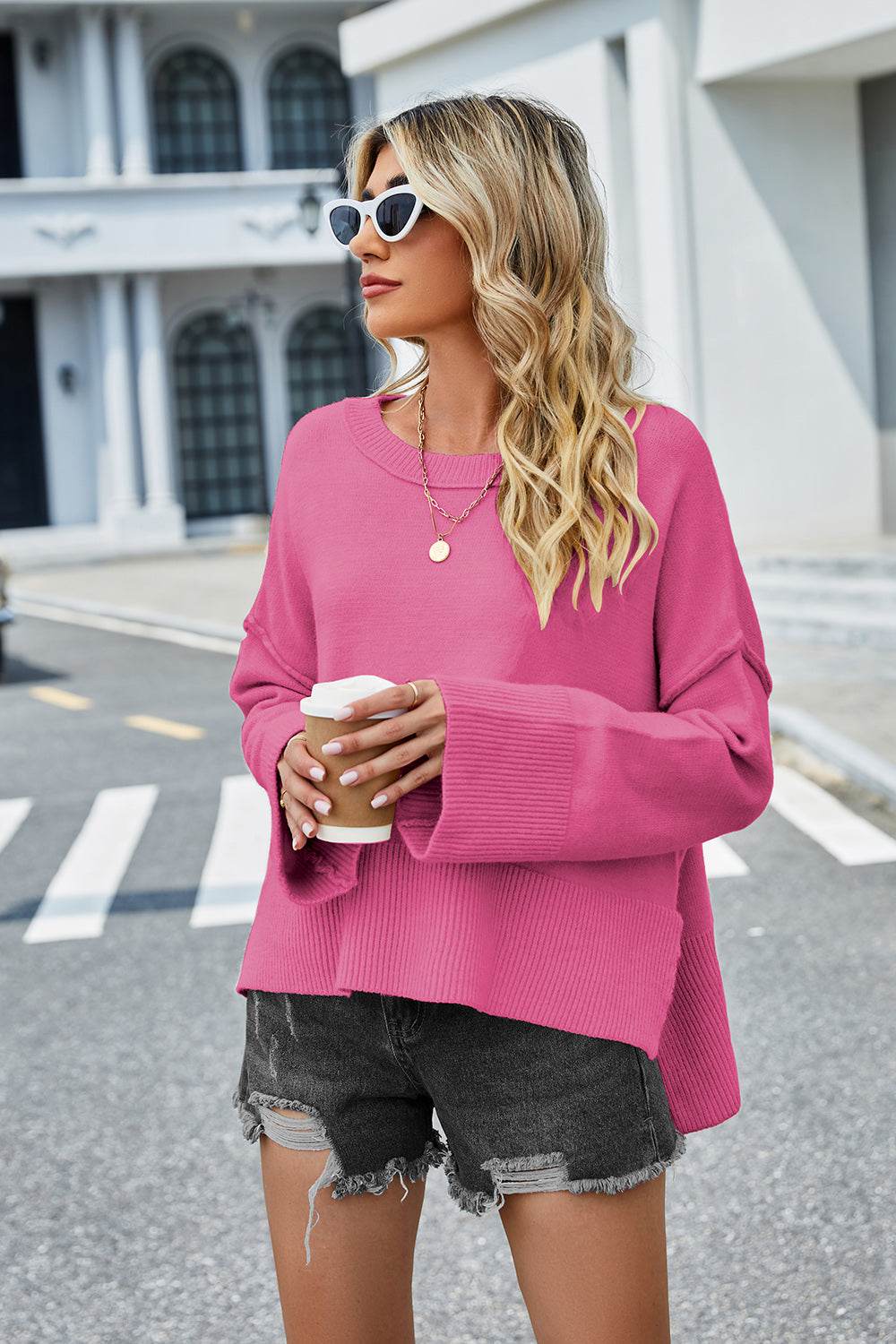 High-Low Slit Round Neck Long Sleeve Sweater - Delanoir