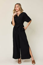 Double Take Full Size V-Neck Tied Side Slit Jumpsuit - Delanoir