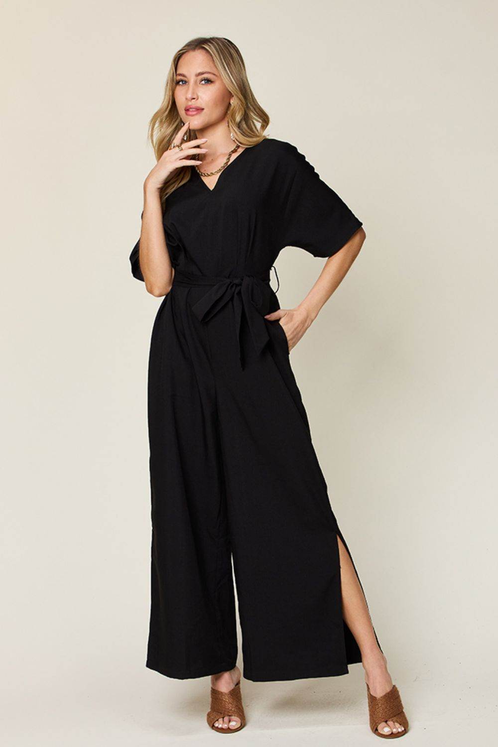 Double Take Full Size V-Neck Tied Side Slit Jumpsuit - Delanoir
