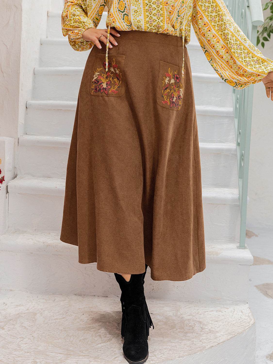 Plus Size Embroidered Pocketed High Waist Skirt - Delanoir