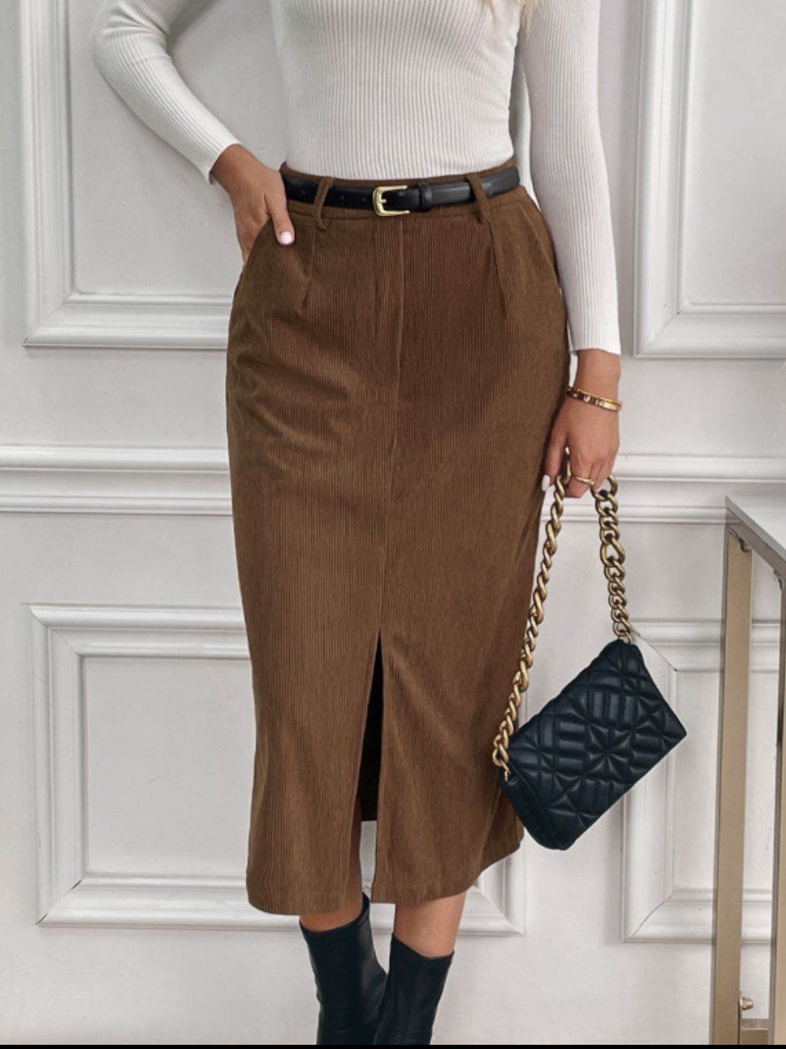 Perfee Slit Midi Skirt with Pockets - Delanoir