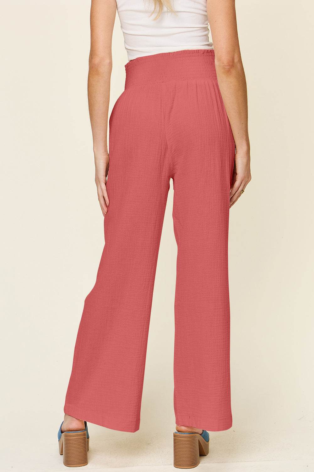 Double Take Full Size Texture Smocked Waist Wide Leg Pants - Delanoir