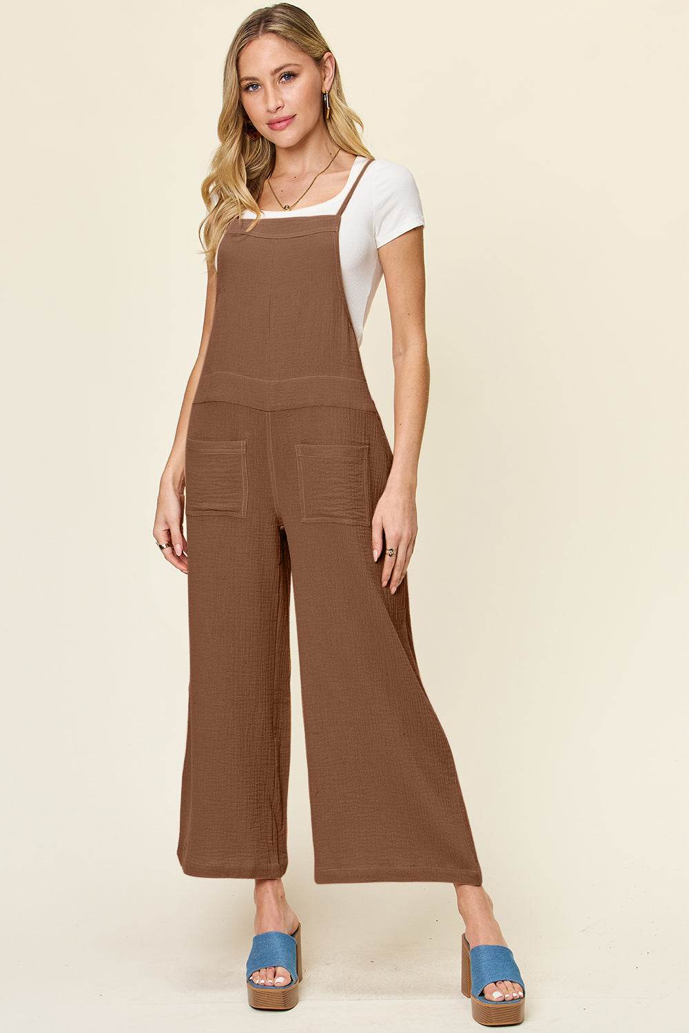 Double Take Full Size Texture Sleeveless Wide Leg Overall - Delanoir