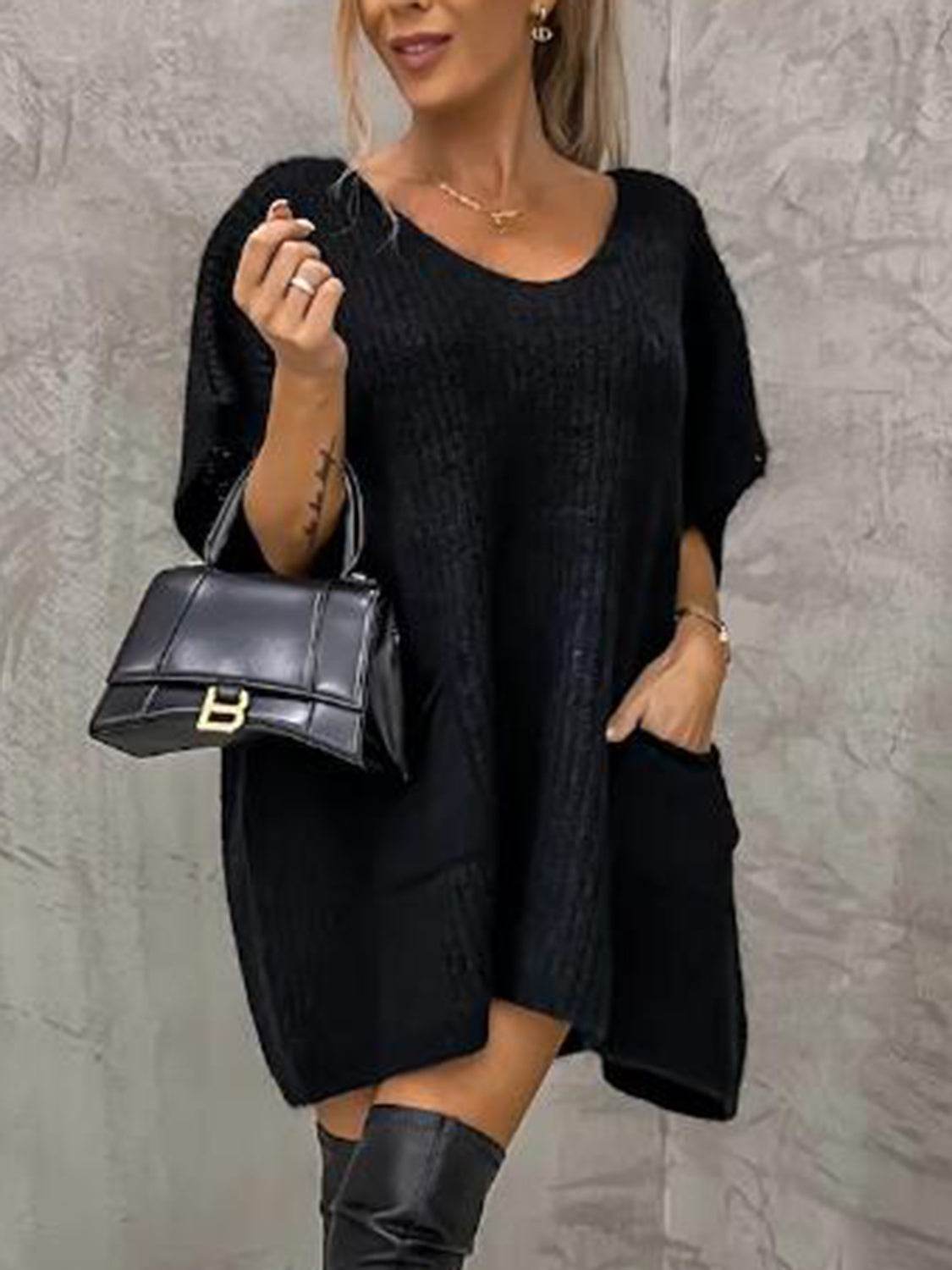 Short Sleeve Sweater Dress with Pockets - Delanoir