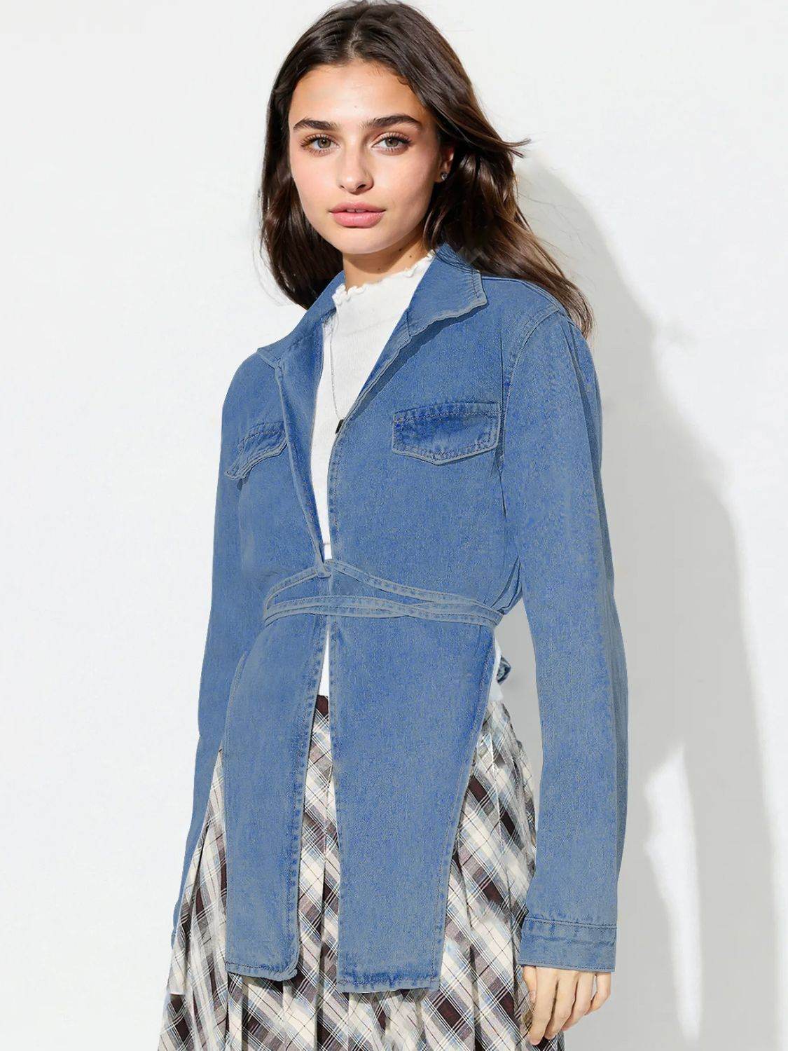 Asymmetric Slit Collared Neck Long Denim Top - Delanoir