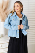 Double Take Dropped Shoulder Raw Hem Denim Jacket - Delanoir