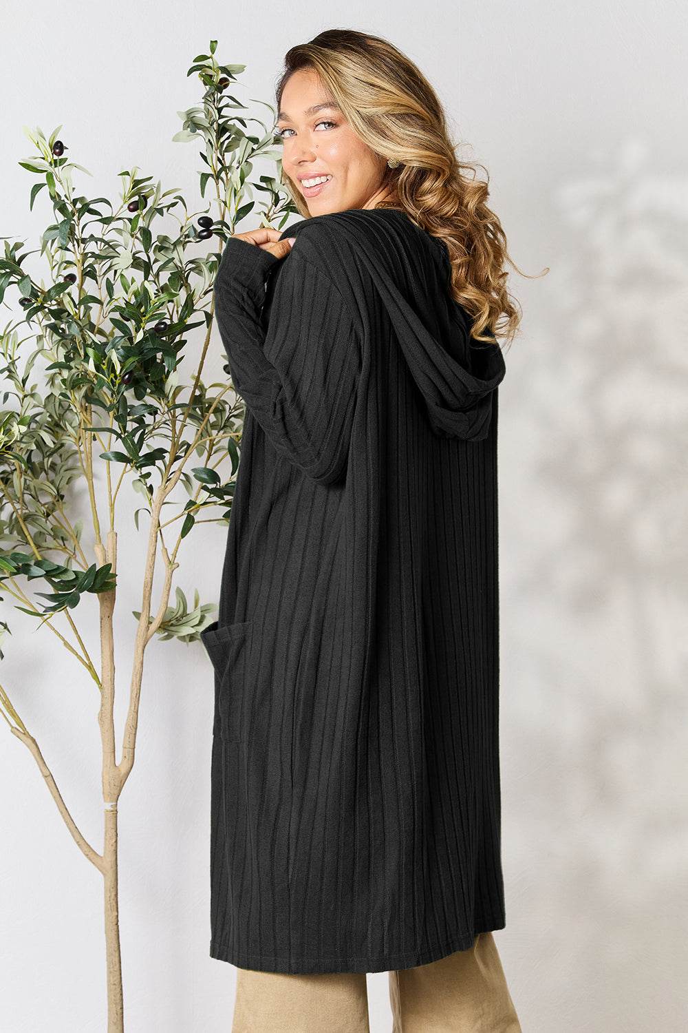 Basic Bae Full Size Hooded Sweater Cardigan - Delanoir