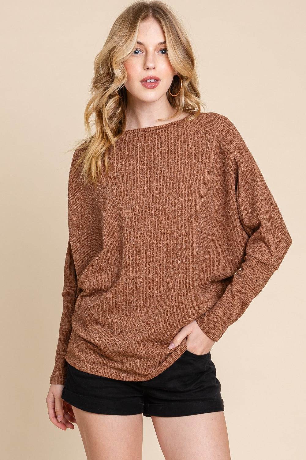 BOMBOM Drop Shoulder Long Sleeve Knit Top - Delanoir