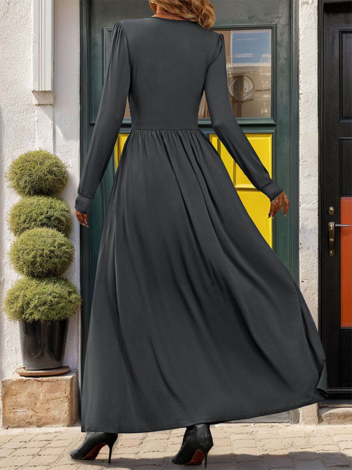 Perfee Lace Detail Slit V-Neck Long Sleeve Dress - Delanoir