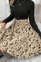 Printed Tie Waist Mock Neck Long Sleeve Dress - Delanoir