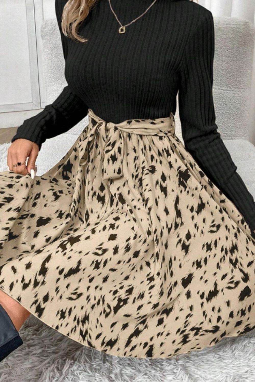 Printed Tie Waist Mock Neck Long Sleeve Dress - Delanoir