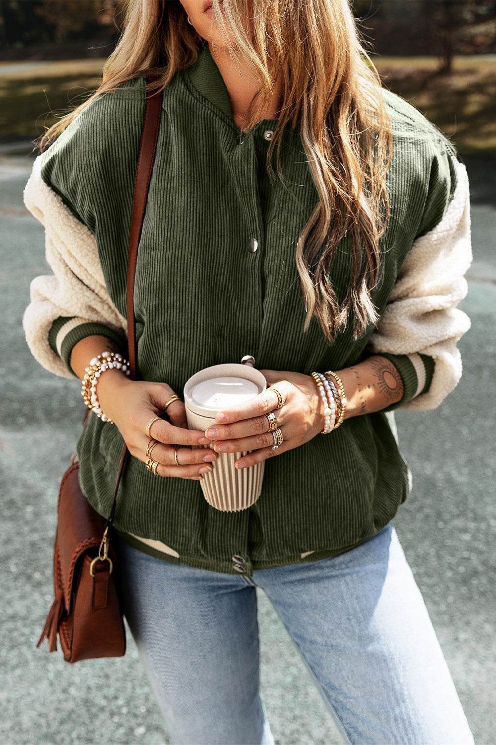 Contrast Baseball Collar Snap Down Long Sleeve Jacket - Delanoir