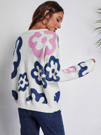 Flower Pattern Round Neck Long Sleeve Sweater - Delanoir