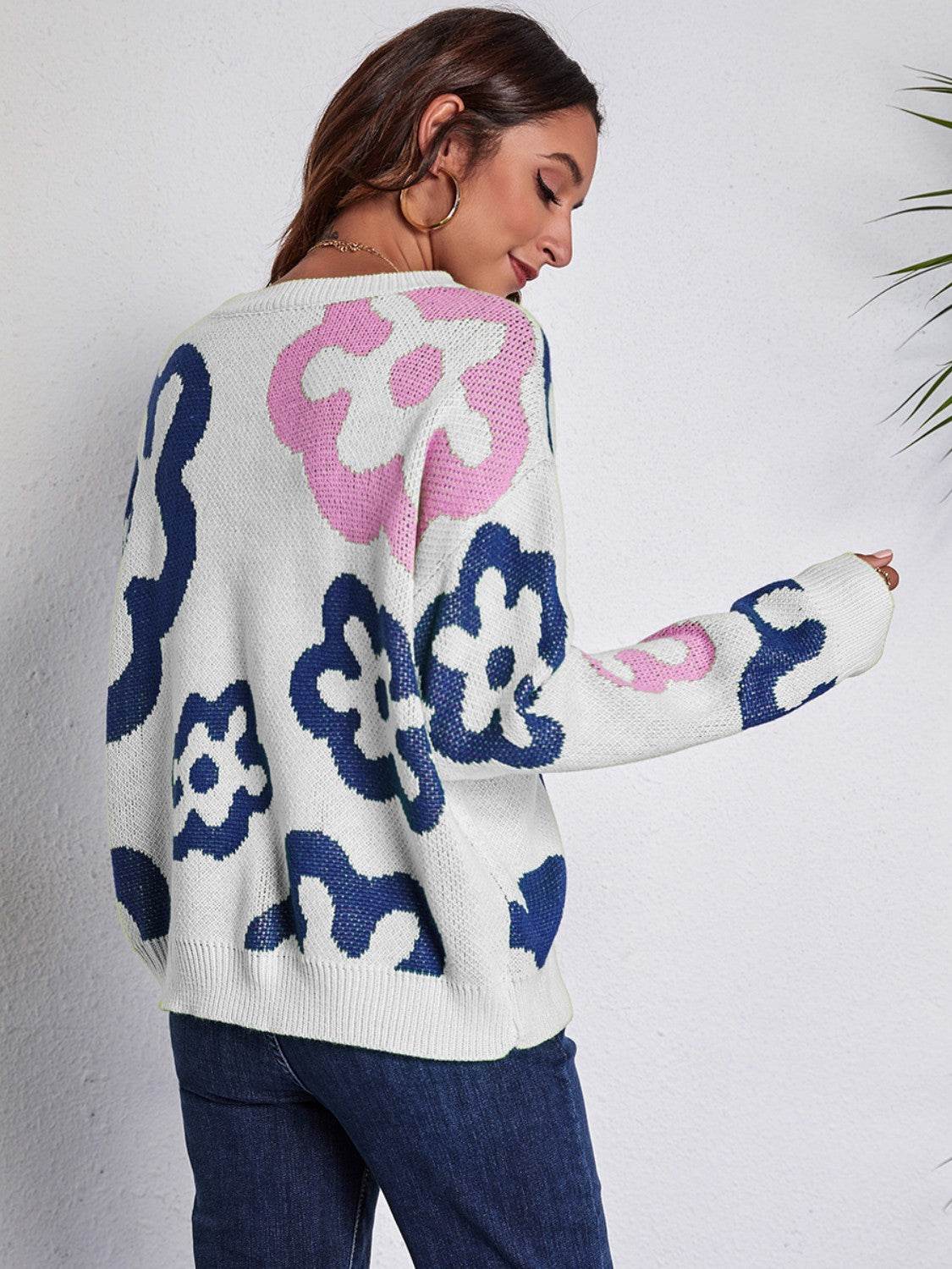 Flower Pattern Round Neck Long Sleeve Sweater - Delanoir