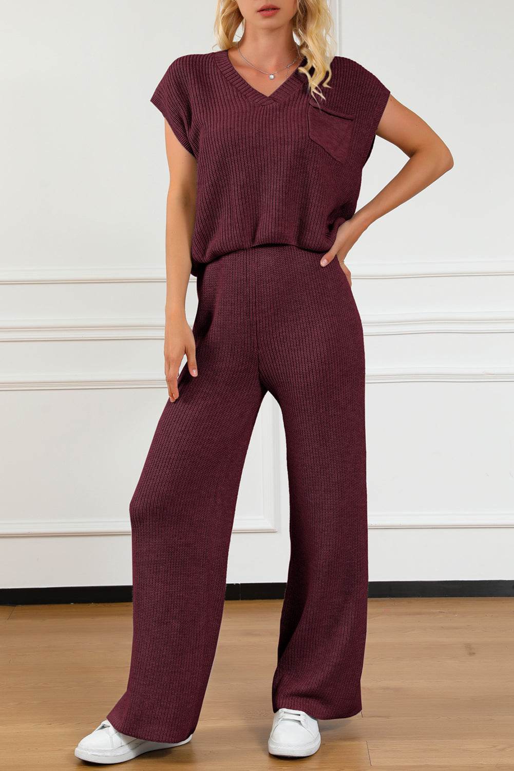 Pocketed V-Neck Top and Wide Leg Sweater Set - Delanoir