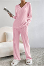 Ribbed V-Neck Top and Pants Lounge Set - Delanoir