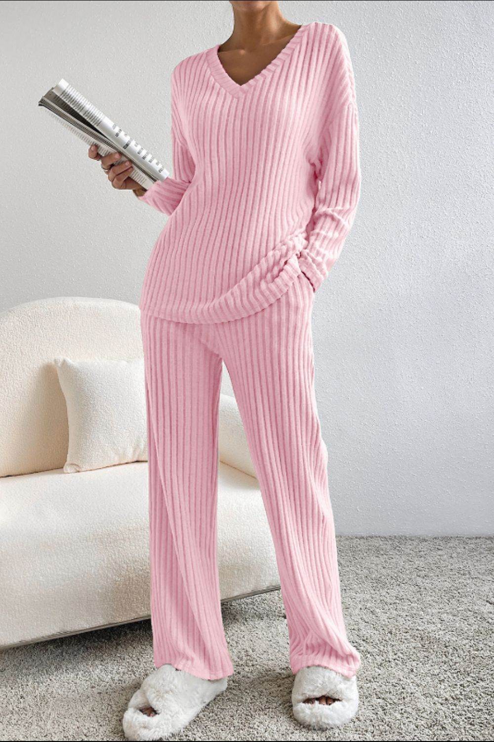 Ribbed V-Neck Top and Pants Lounge Set - Delanoir