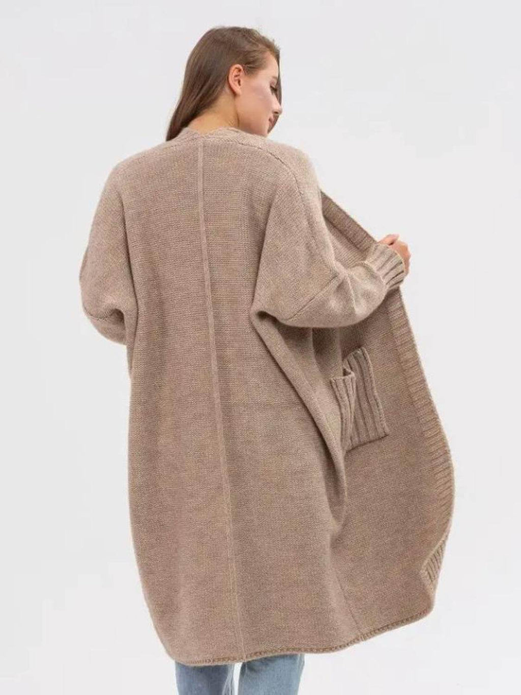 Pocketed Open Front Long Sleeve Longline Cardigan - Delanoir