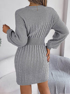 Cable-Knit Cutout Round Neck Slit Sweater Dress - Delanoir