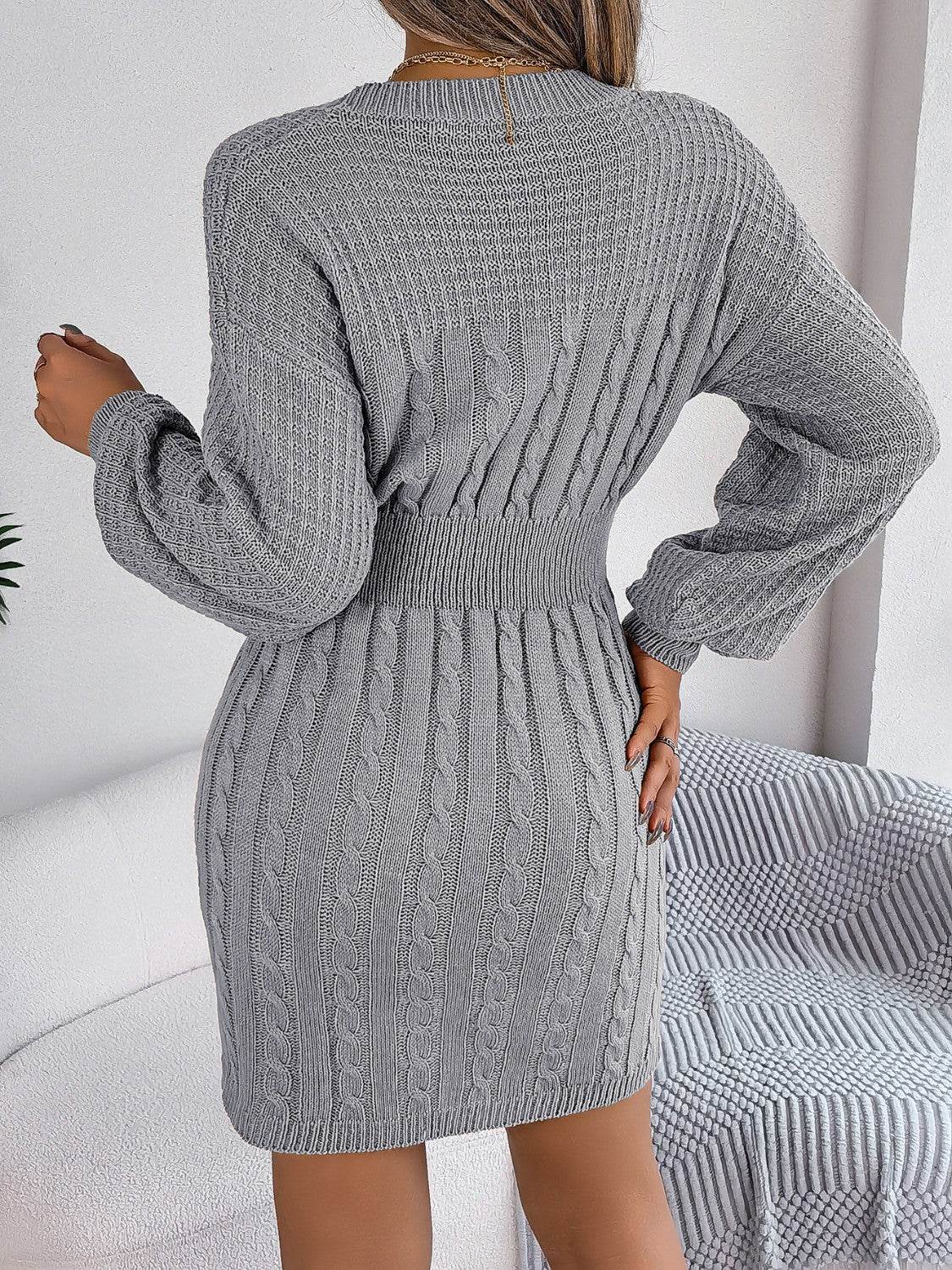 Cable-Knit Cutout Round Neck Slit Sweater Dress - Delanoir