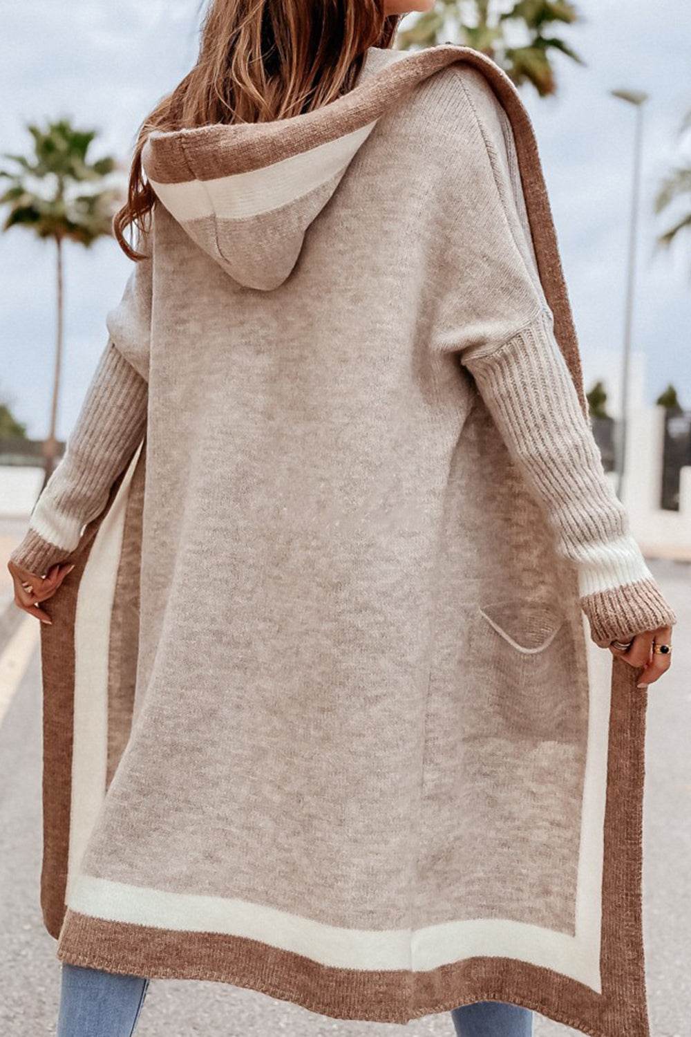 Pocketed Contrast Long Sleeve Hooded Cardigan - Delanoir