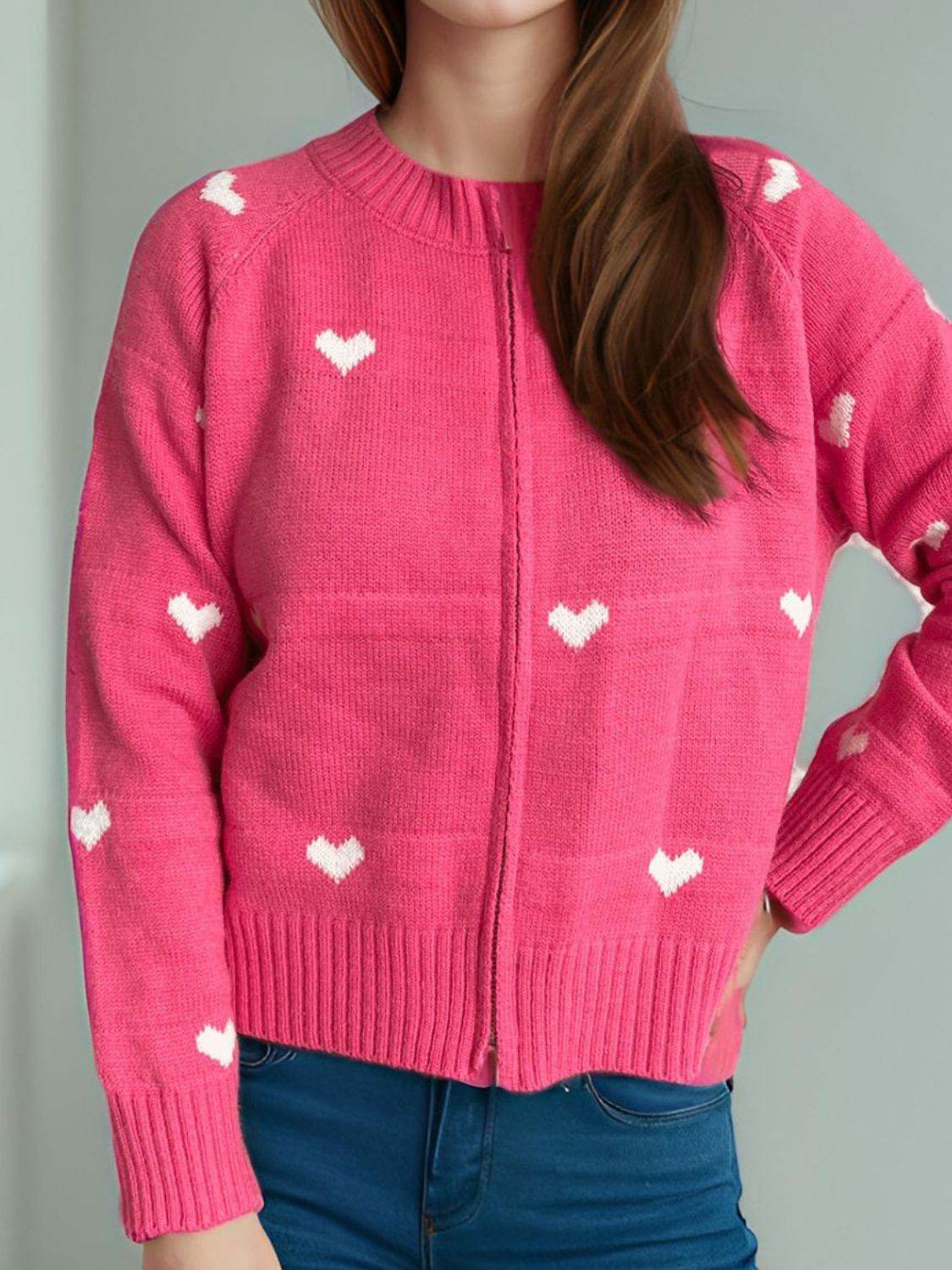 Heart Round Neck Zip Up Cardigan - Delanoir