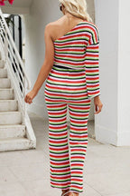 Striped Single Shoulder Top and Pants Knit Set - Delanoir