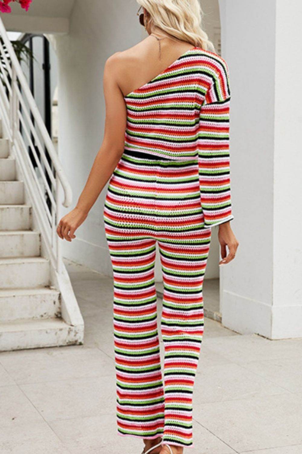 Striped Single Shoulder Top and Pants Knit Set - Delanoir