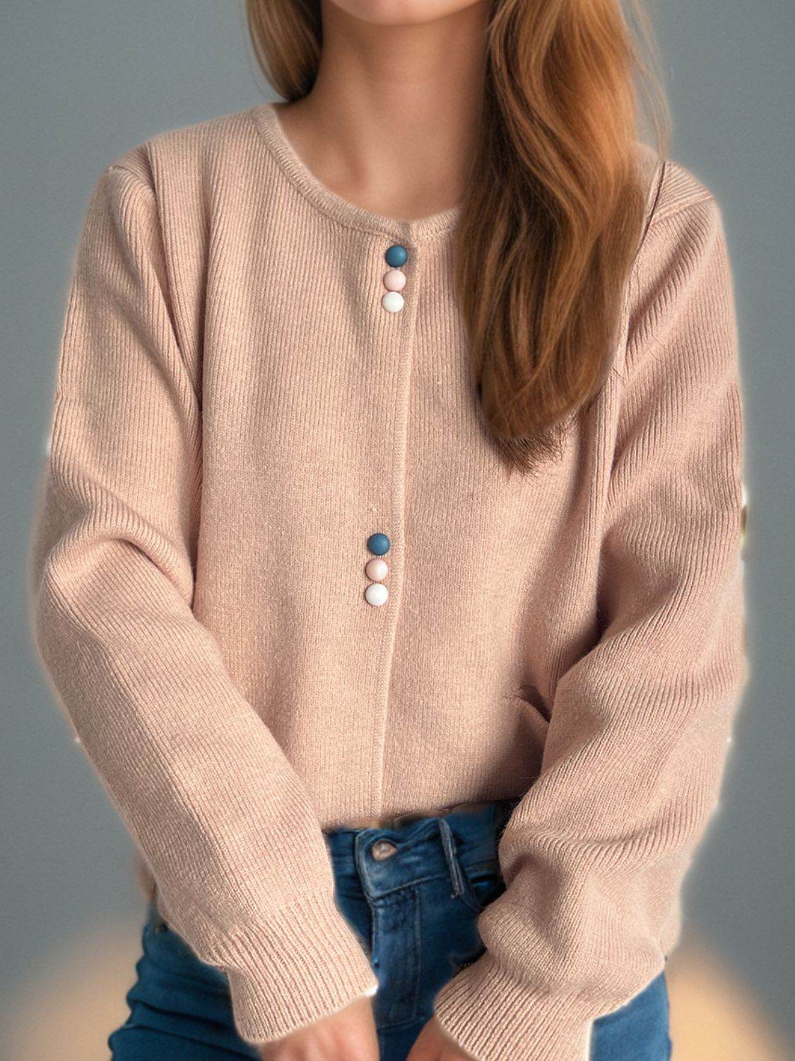 Button Down Long Sleeve Cardigan with Pockets - Delanoir
