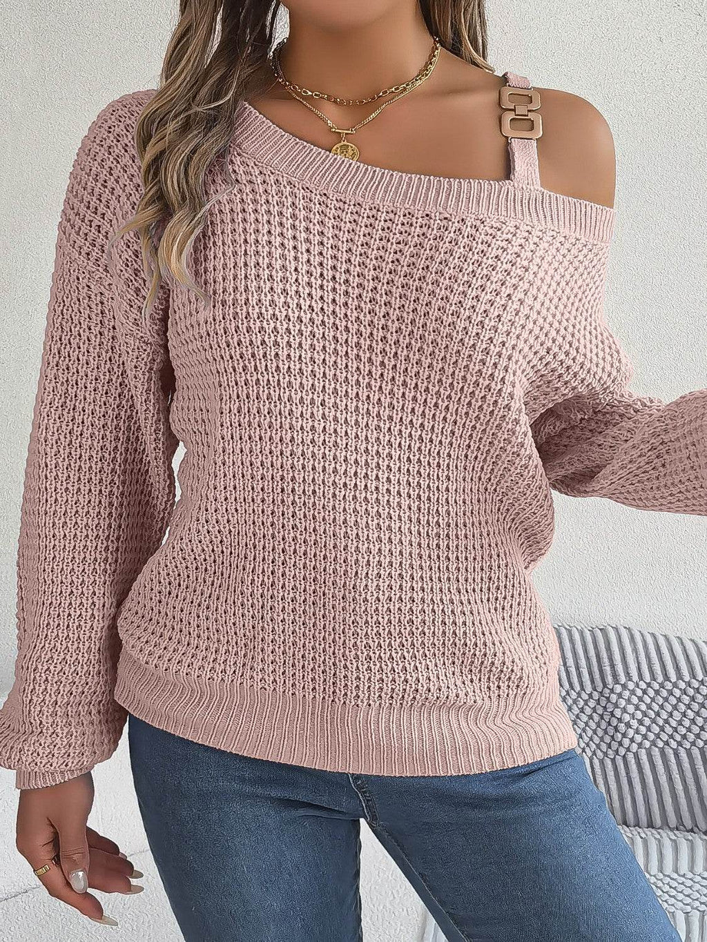 Asymmetrical Neck Long Sleeve Sweater - Delanoir