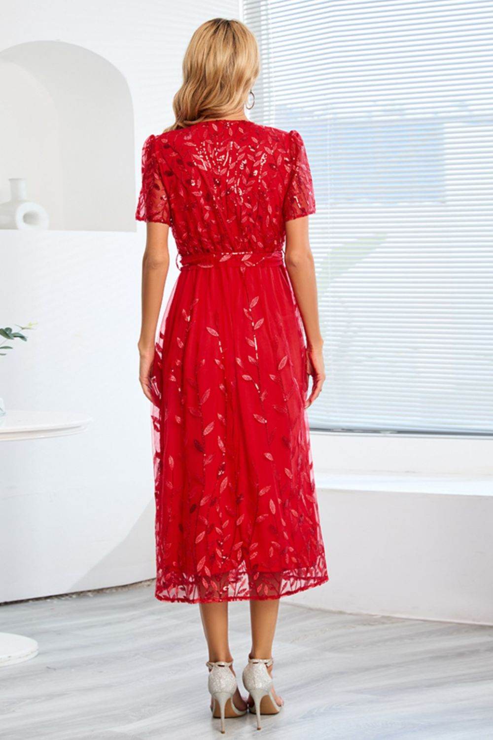 Sequin Leaf Embroidery Tie Front Short Sleeve Dress - Delanoir