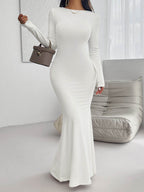 Devine Backless Round Neck Long Sleeve Maxi Dress - Delanoir