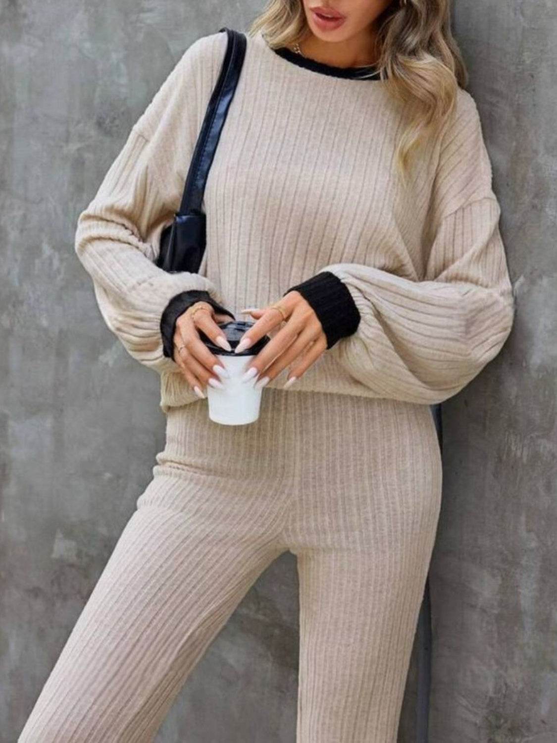 Contrast Round Neck Long Sleeve Top and Bootcut Pants Set - Delanoir