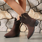 Suede Point Toe Block Heel Boots - Delanoir
