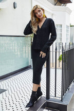 Mixed Knit V-Neck Cardigan and Knit Skirt Set - Delanoir
