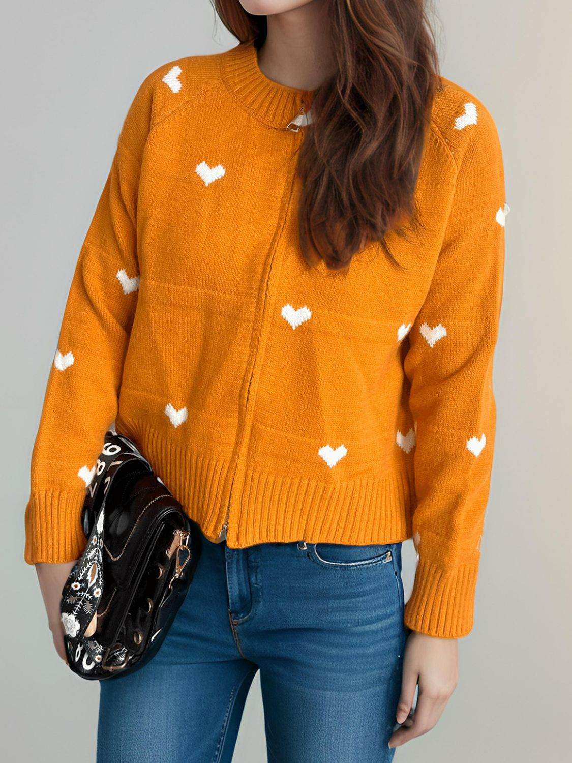 Heart Round Neck Zip Up Cardigan - Delanoir