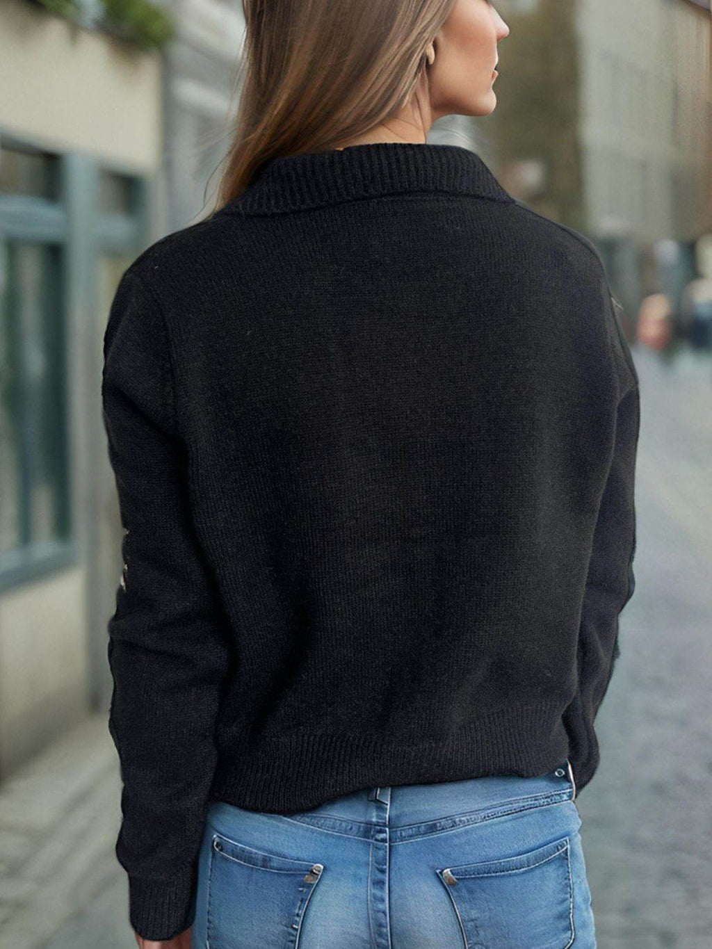 Pearl Trim Collared Neck Long Sleeve Cardigan - Delanoir
