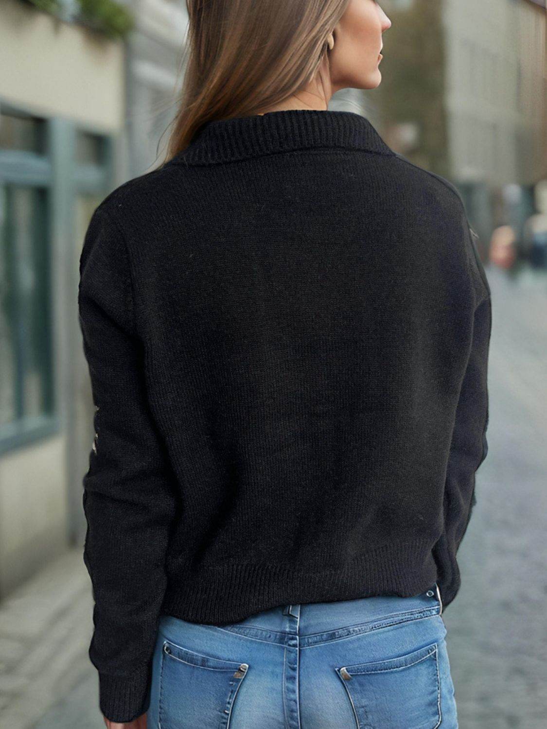 Pearl Trim Collared Neck Long Sleeve Cardigan - Delanoir