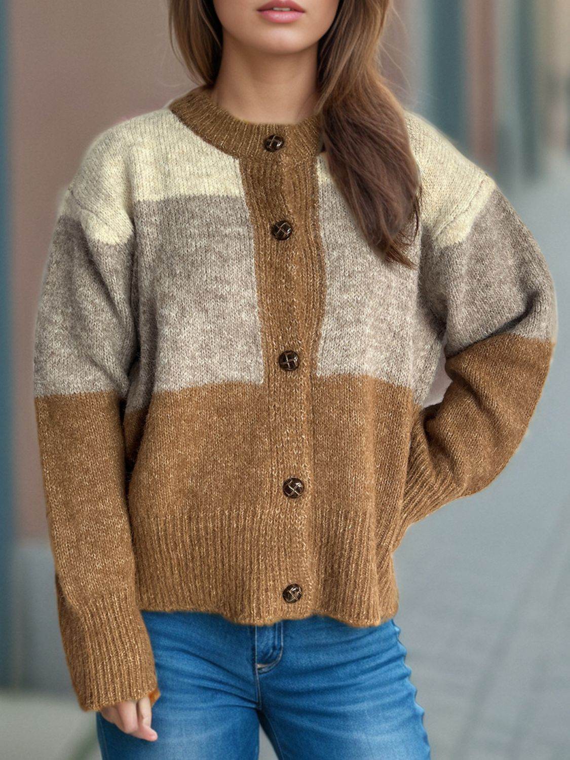 Color Block Round Neck Button Up Cardigan - Delanoir
