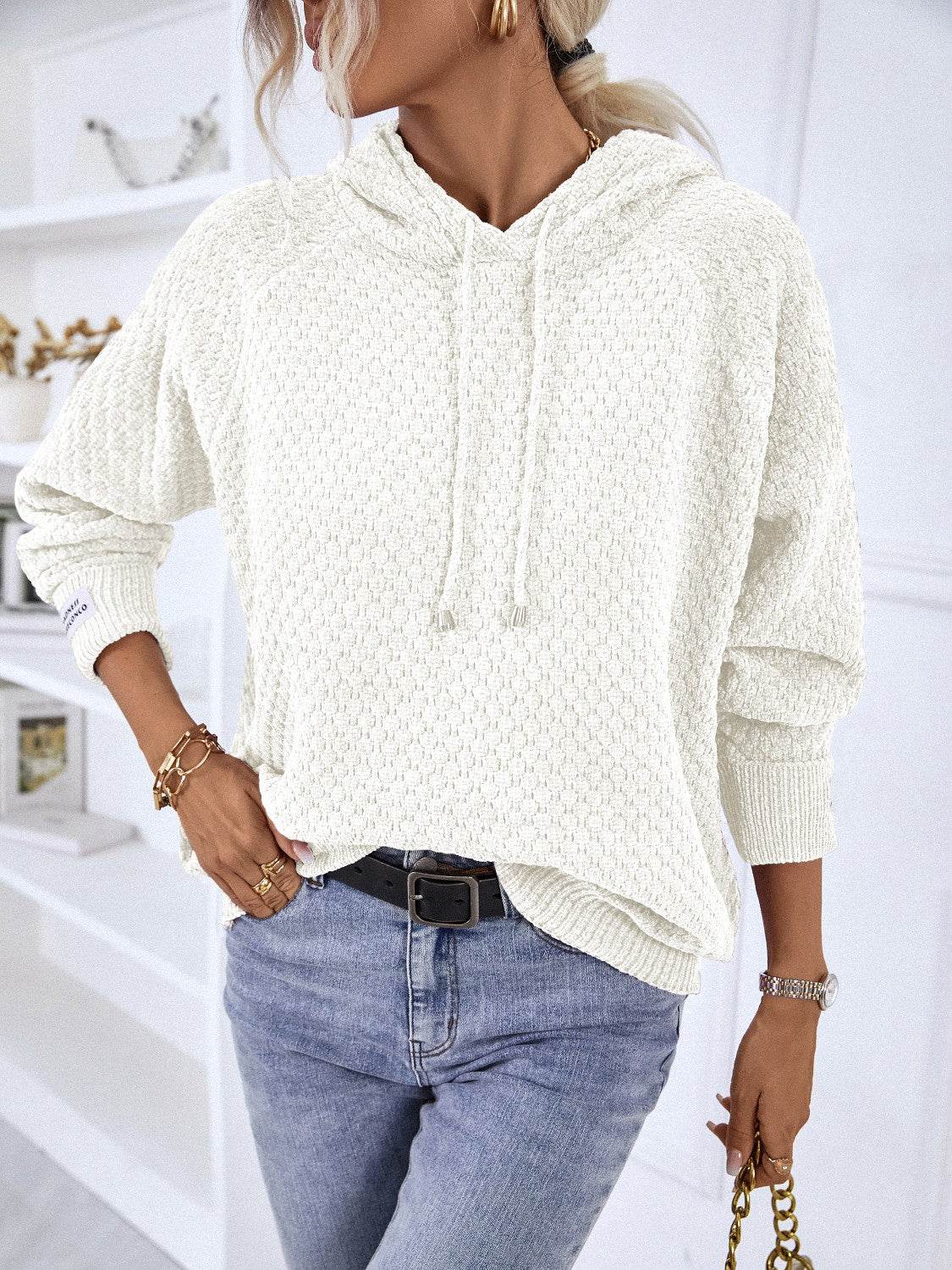 Texture Drawstring Long Sleeve Hooded Sweater - Delanoir