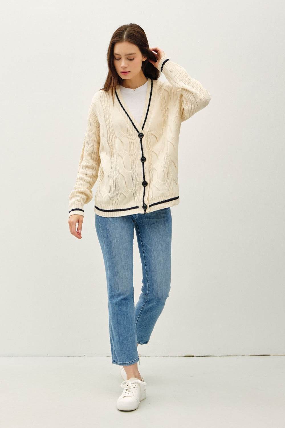 Be Cool Contrast Trim Cable-Knit V-Neck Cardigan - Delanoir